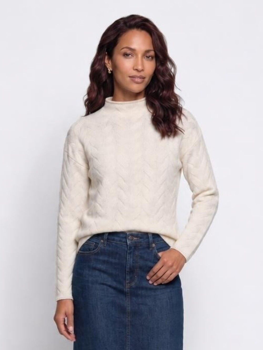 Tyler Boe 100% Cashmere Cream Cable Knit Mock Neck Sweater